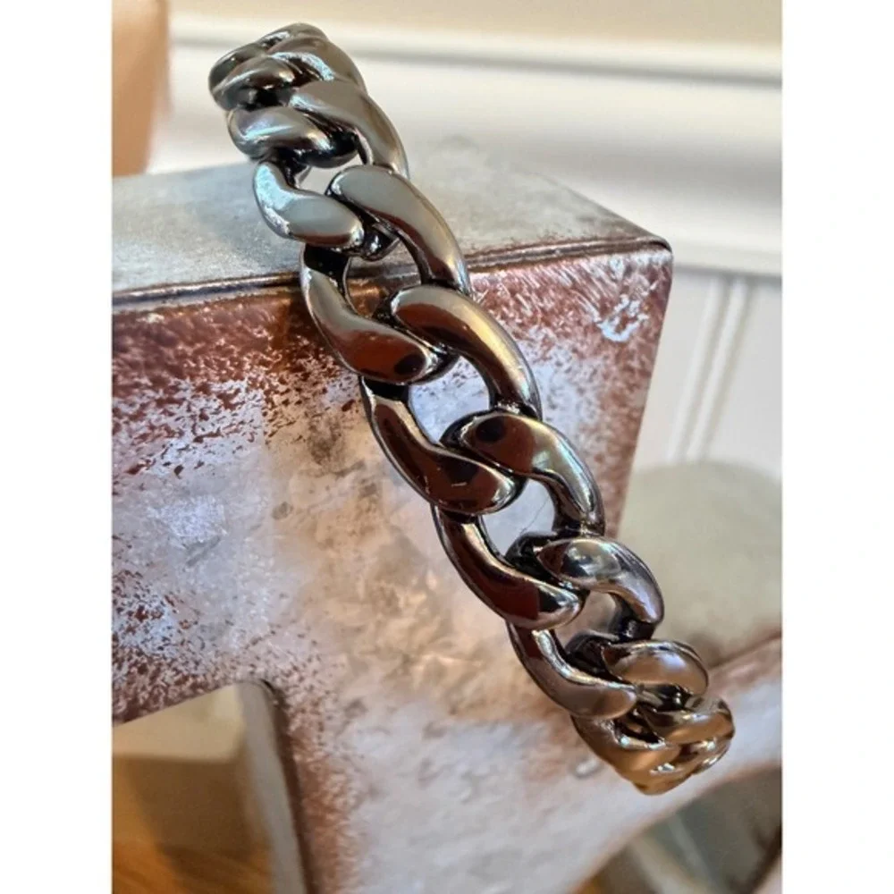 Marlyn Schiff Gunmetal Curb Chain Cuff Bracelet Chunky Link OS